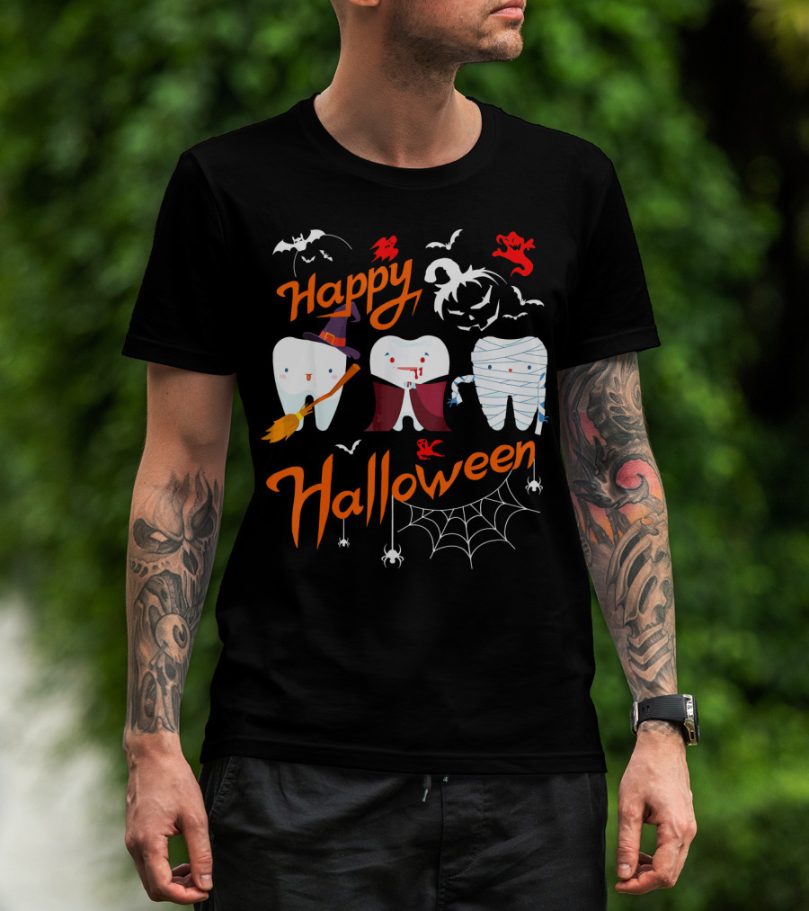 Happy Halloween Witch Vampire Mummy Teeth With Bats And Spiderweb T-Shirt