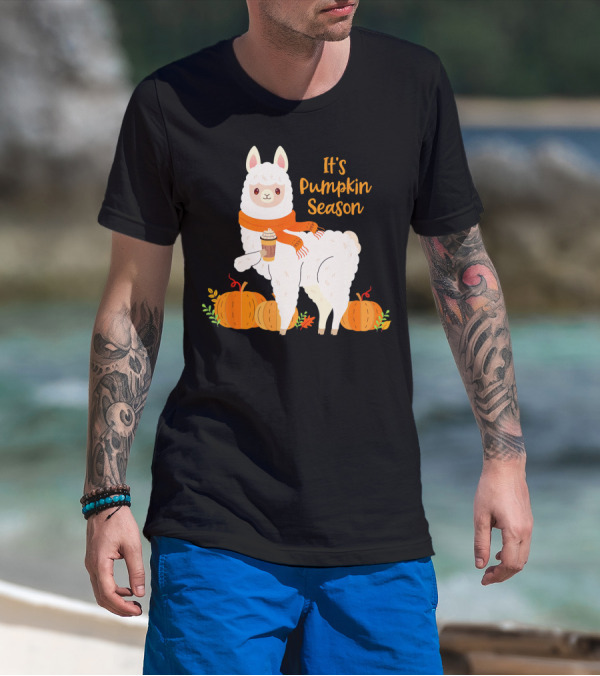 It's Pumpkin Season Llama With Autumn Leaves And Pumpkins T-Shirt