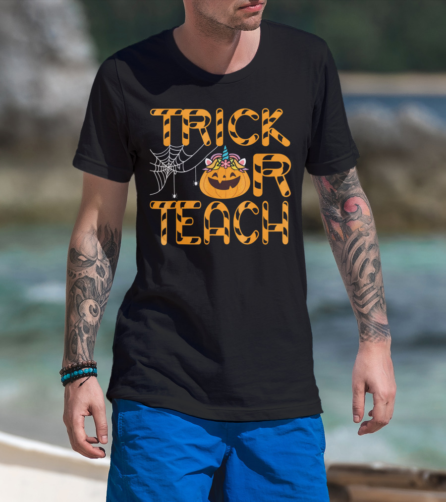 Trick Or Teach Funny Pumpkin Unicorn With Spider Web T-Shirt
