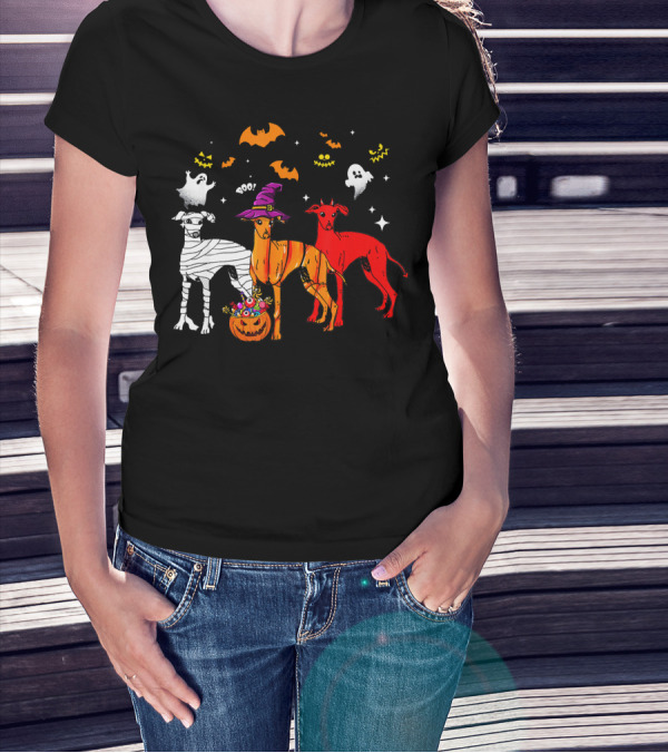 Halloween Italian Greyhound Dogs In Witch, Mummy, And Pumpkin Costumes With Ghosts And Bats T-Shirt