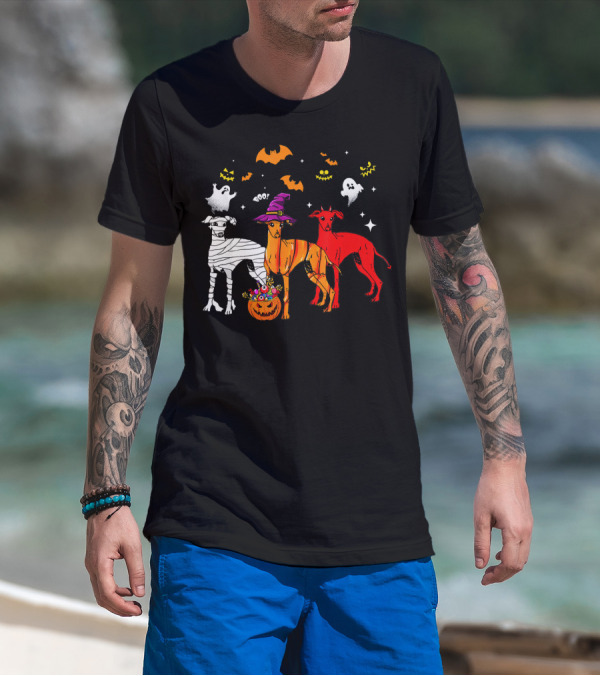 Halloween Italian Greyhound Dogs In Witch, Mummy, And Pumpkin Costumes With Ghosts And Bats T-Shirt