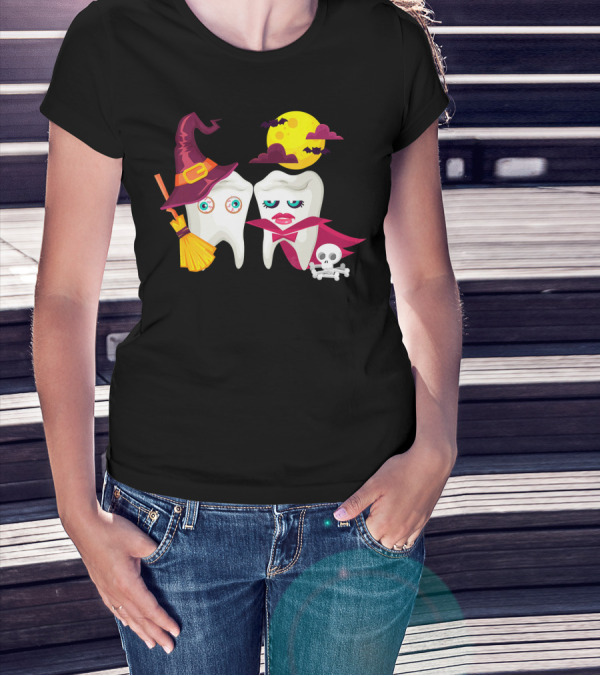 Witch Hat Broom Vampire Teeth Halloween Moon Bats T-Shirt