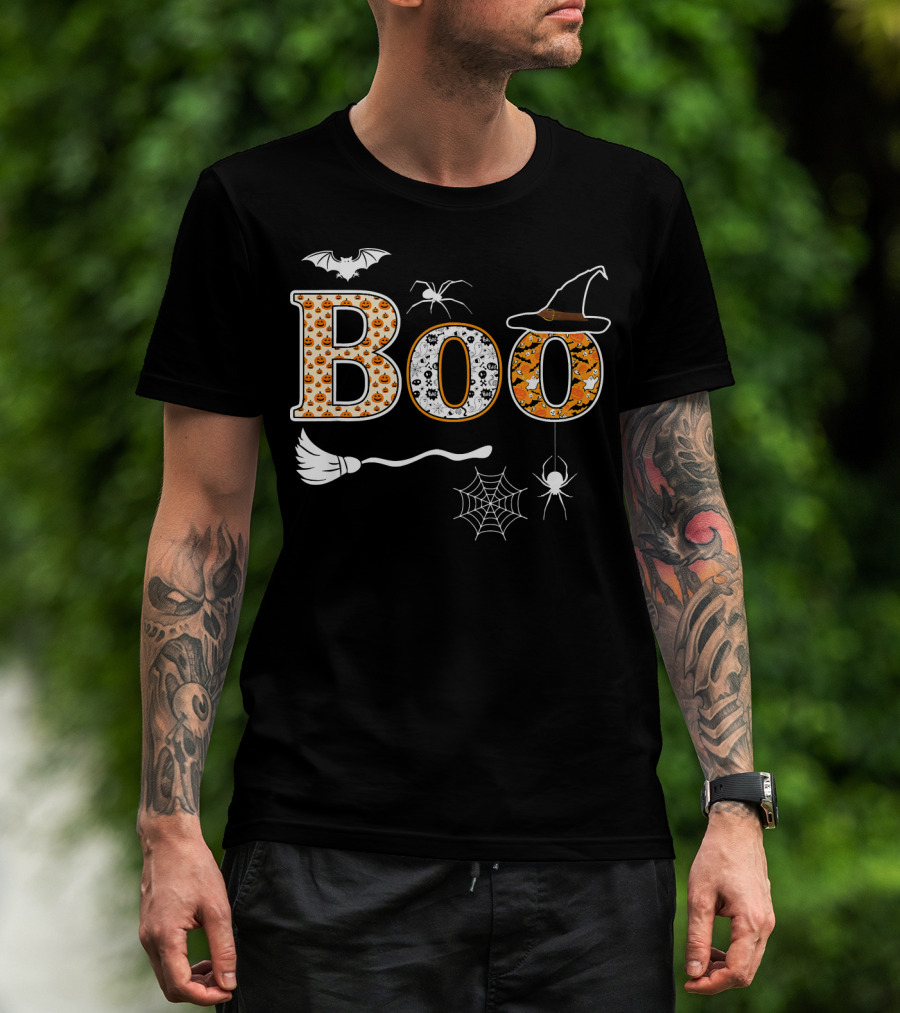 Halloween Boo Pumpkin With Witch Hat And Spider Web T-Shirt