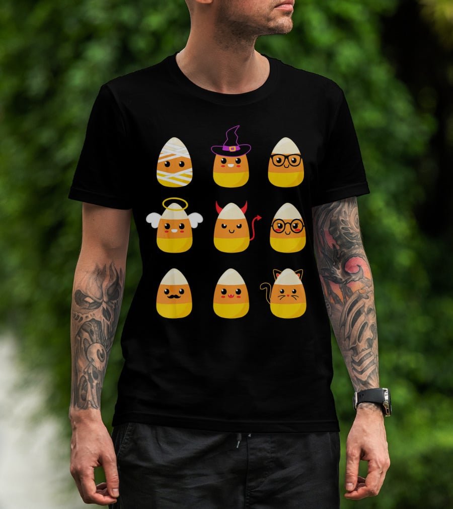Candy Corn Characters Witch Angel Devil Cat Mummy Nerd Mustache T-Shirt