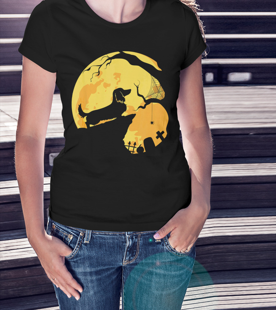Dachshund Silhouette On Cliff With Full Moon And Halloween Graveyard Scene T-Shirt
