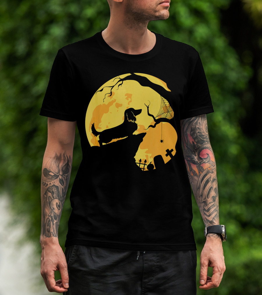 Dachshund Silhouette On Cliff With Full Moon And Halloween Graveyard Scene T-Shirt