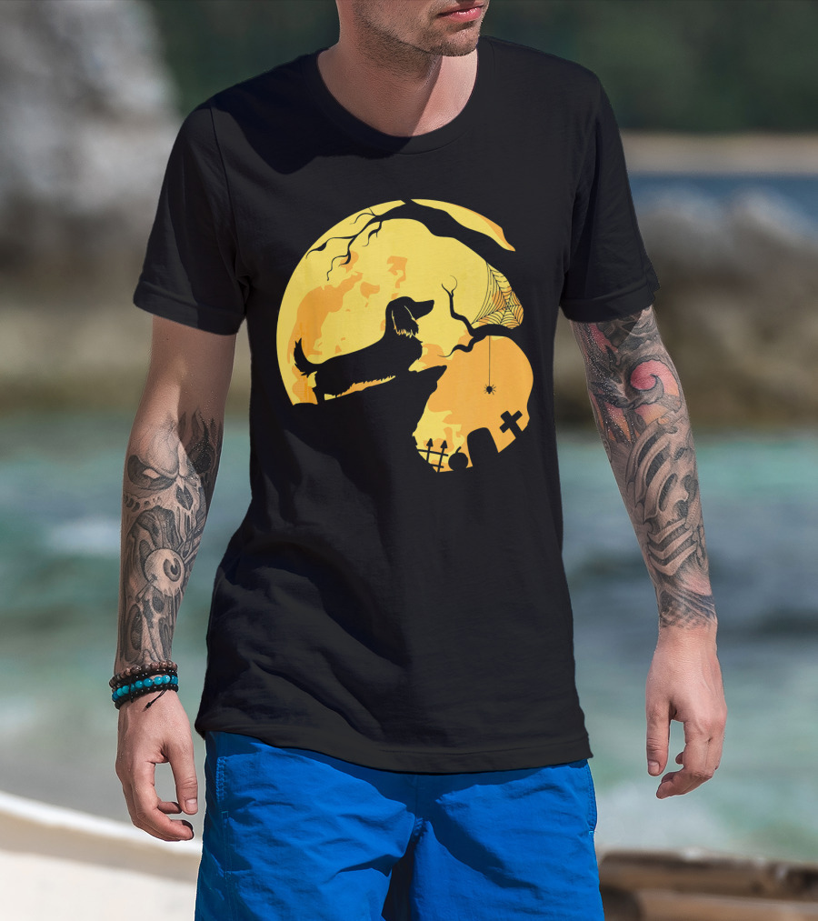 Dachshund Silhouette On Cliff With Full Moon And Halloween Graveyard Scene T-Shirt
