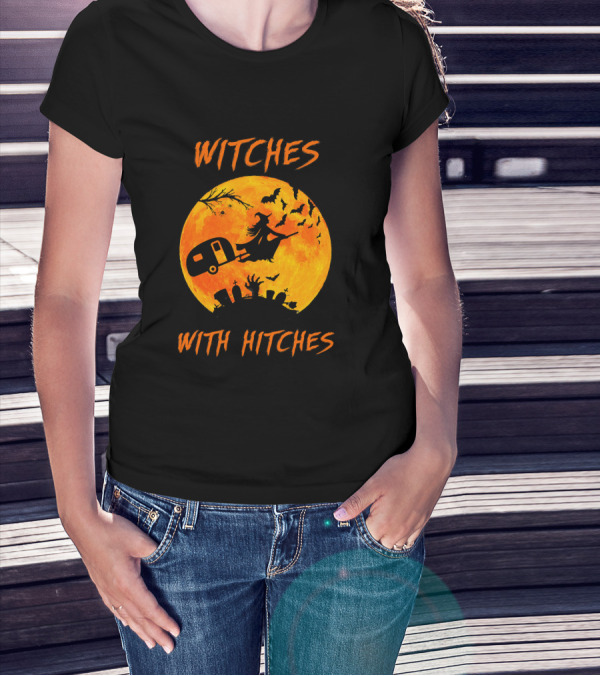 Witches With Hitches Halloween Moon Bats Graveyard Scene T-Shirt
