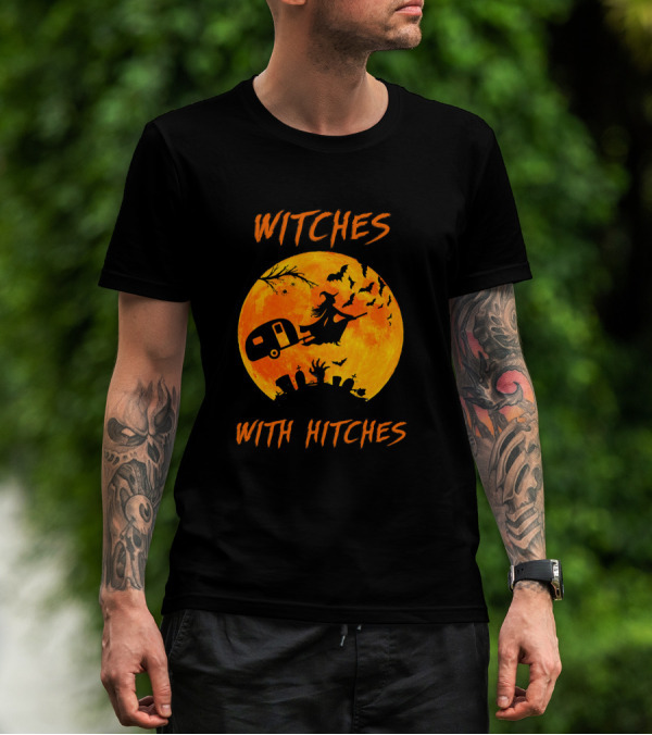Witches With Hitches Halloween Moon Bats Graveyard Scene T-Shirt