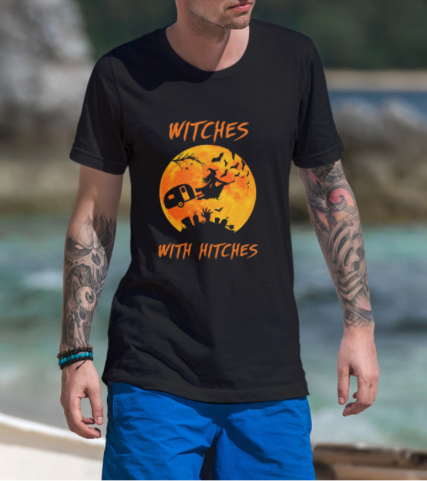 Witches With Hitches Halloween Moon Bats Graveyard Scene T-Shirt