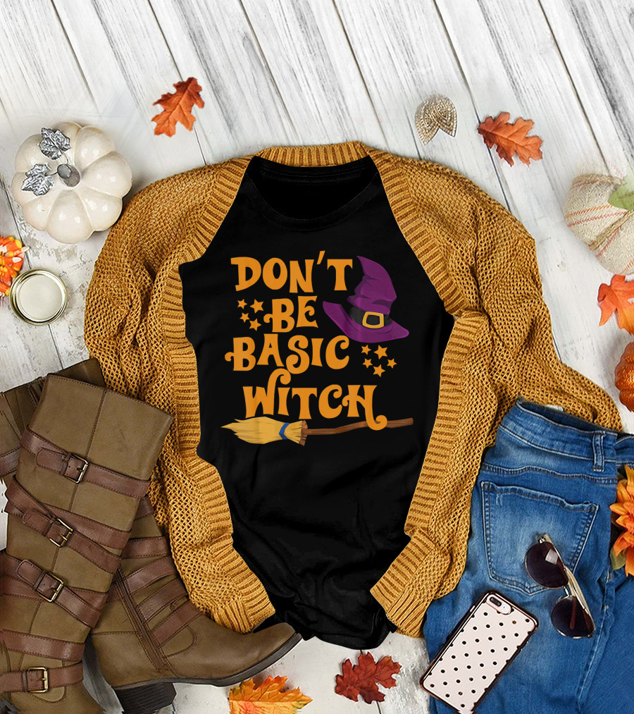 Don't Be Basic Witch Purple Hat Broom Stars T-Shirt