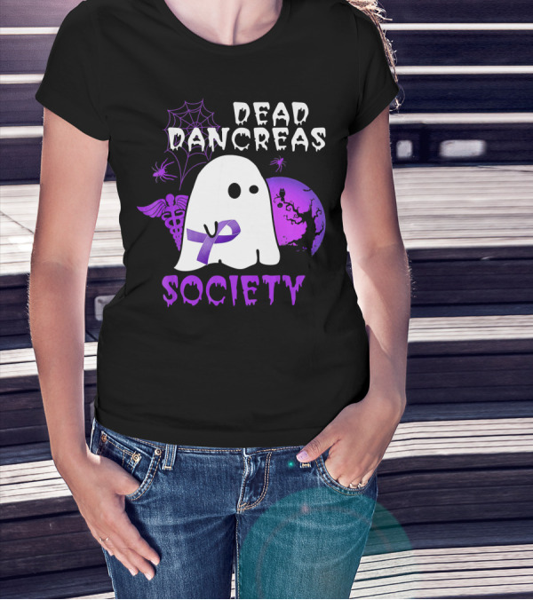 Dead Pancreas Society Ghost With Purple Ribbon Halloween T-Shirt