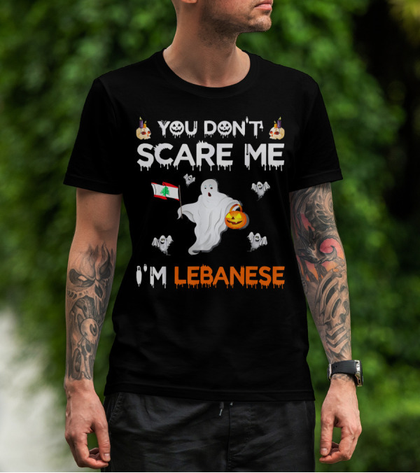You Don't Scare Me I'm Lebanese Ghost With Lebanese Flag And Pumpkin Halloween T-Shirt