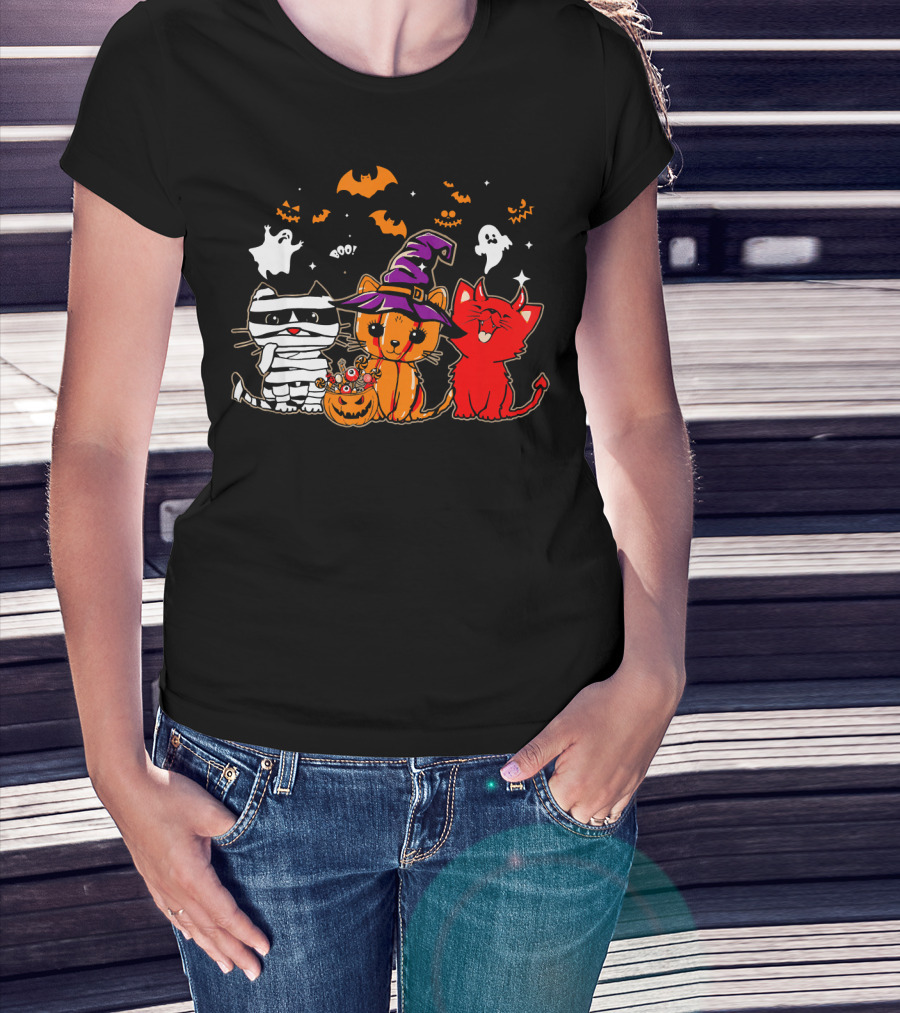 Funny Cat Trio In Halloween Costumes With Ghosts And Pumpkins T-Shirt
