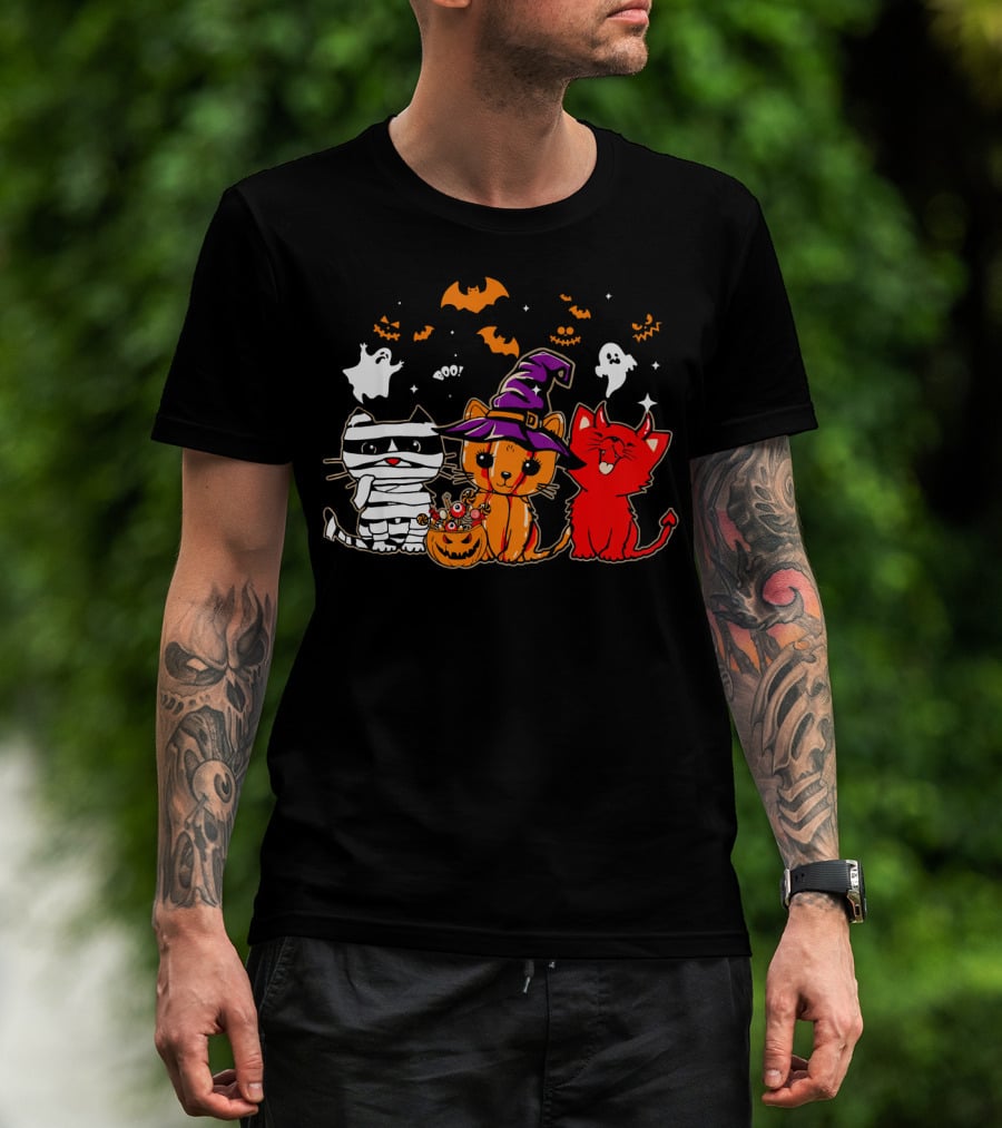 Funny Cat Trio In Halloween Costumes With Ghosts And Pumpkins T-Shirt