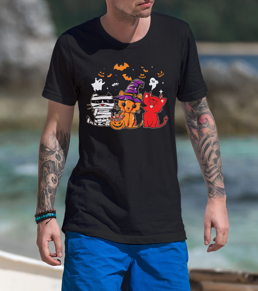 Funny Cat Trio In Halloween Costumes With Ghosts And Pumpkins T-Shirt