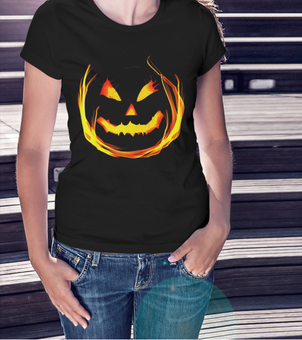 Fun And Spooky Fiery Jack O Lantern Halloween Pumpkin Face T-Shirt