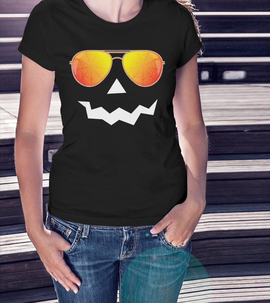 Halloween Jack O Lantern With Sunglasses And Spider Web Reflection T-Shirt