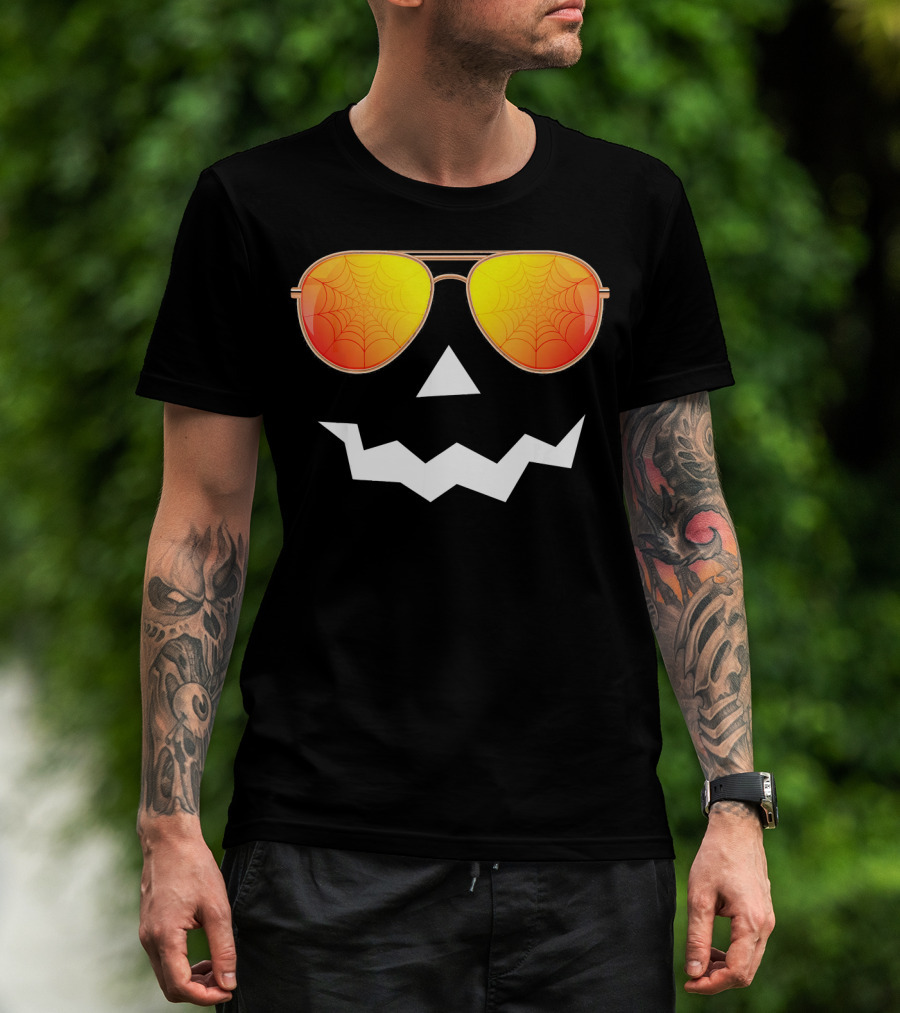 Halloween Jack O Lantern With Sunglasses And Spider Web Reflection T-Shirt