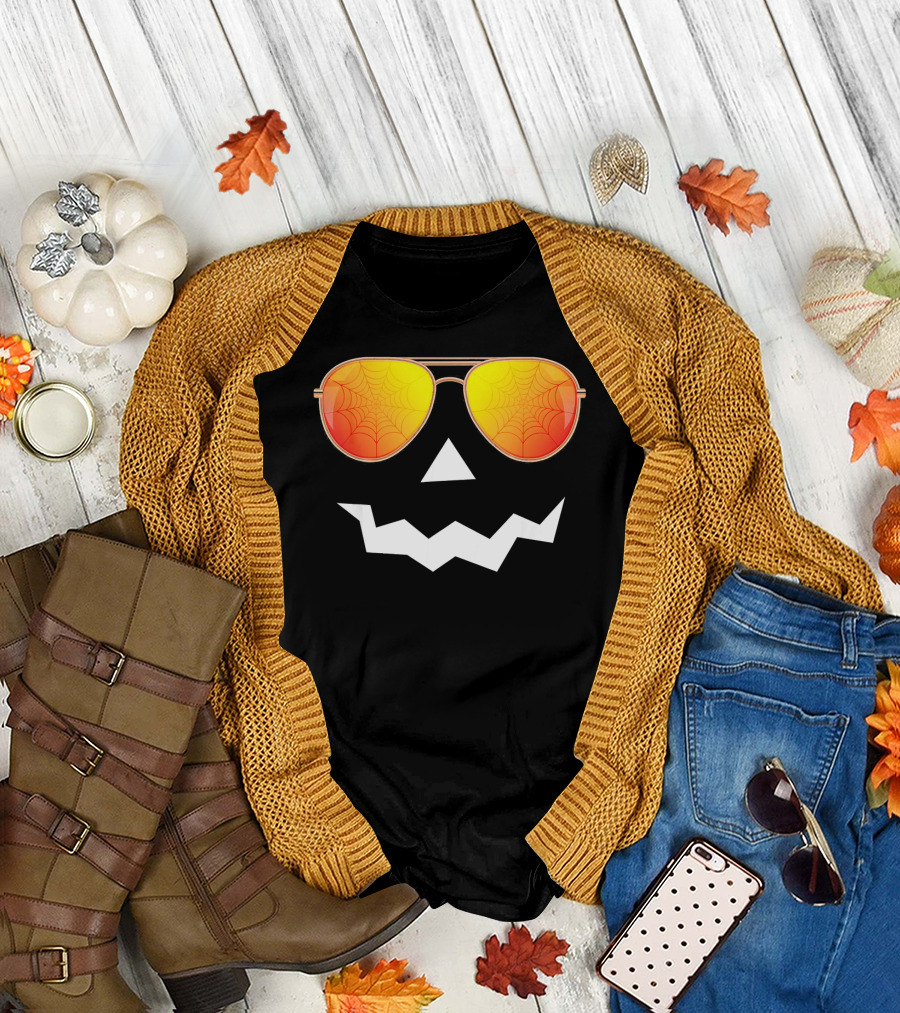 Halloween Jack O Lantern with Sunglasses and Spider Web Reflection T-Shirt