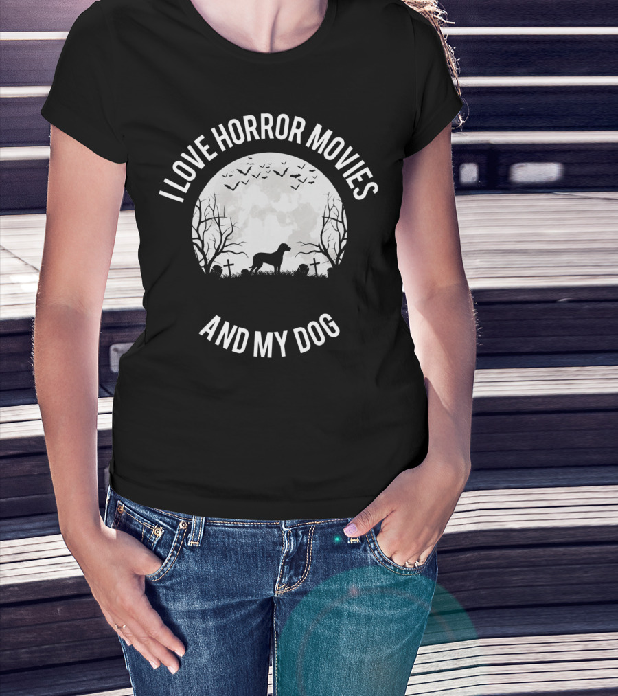I Love Horror Movies And My Dog Full Moon Graveyard Scene T-Shirt