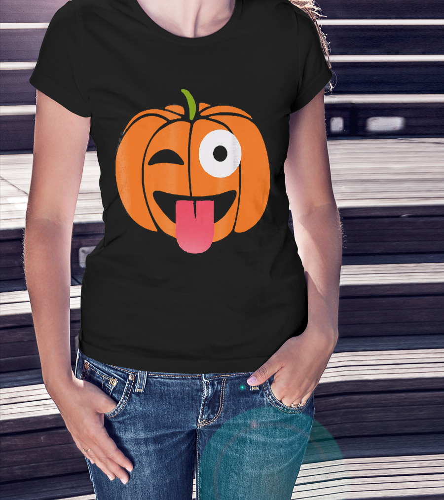Winking Tongue Out Smiling Pumpkin Face T-Shirt