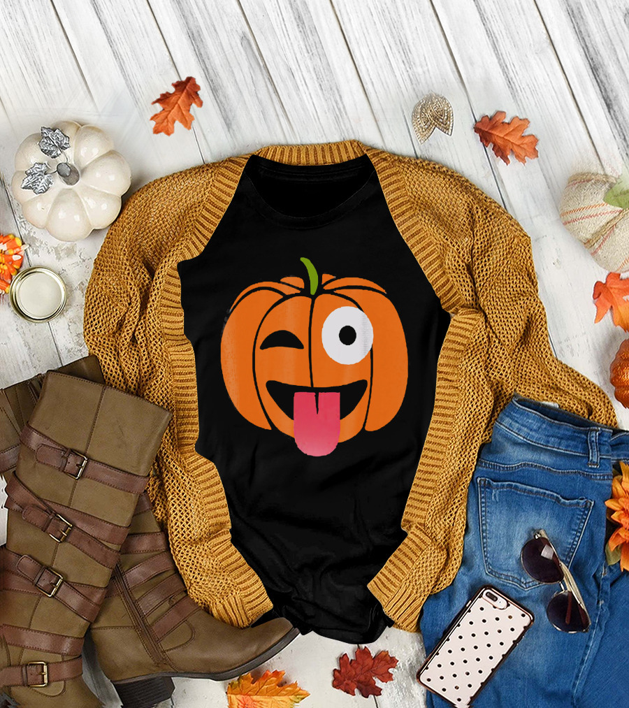 Winking Tongue Out Smiling Pumpkin Face T-Shirt