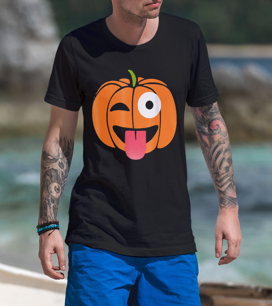 Winking Tongue Out Smiling Pumpkin Face T-Shirt