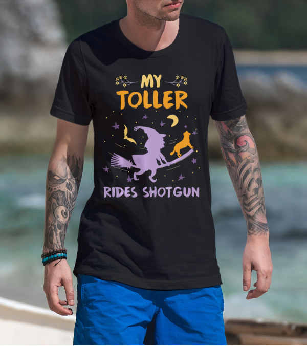 My Toller Rides Shotgun Halloween Witch And Dog Moon Stars T-Shirt