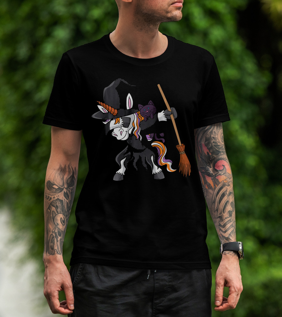 Dabbing Halloween Witch Unicorn With Cat And Broom T-Shirt