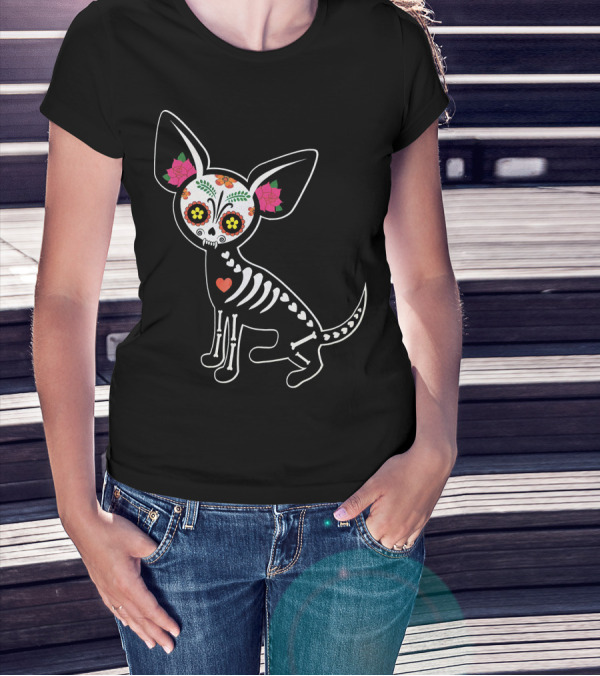 Day Of The Dead Chihuahua Skeleton Skull Flowers T-Shirt