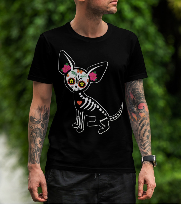 Day Of The Dead Chihuahua Skeleton Skull Flowers T-Shirt