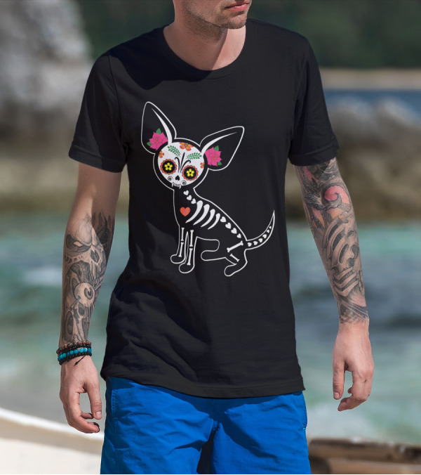 Day Of The Dead Chihuahua Skeleton Skull Flowers T-Shirt