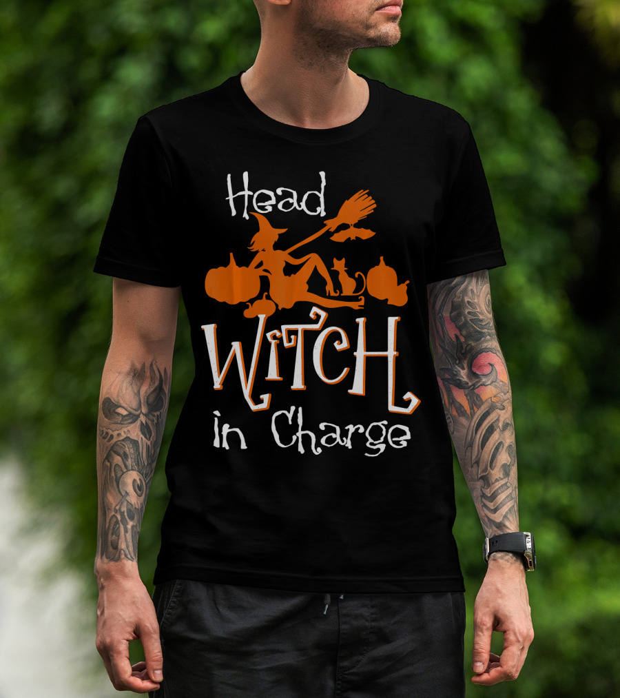 Head Witch In Charge Funny Halloween Pumpkins Broomstick Cat T-Shirt
