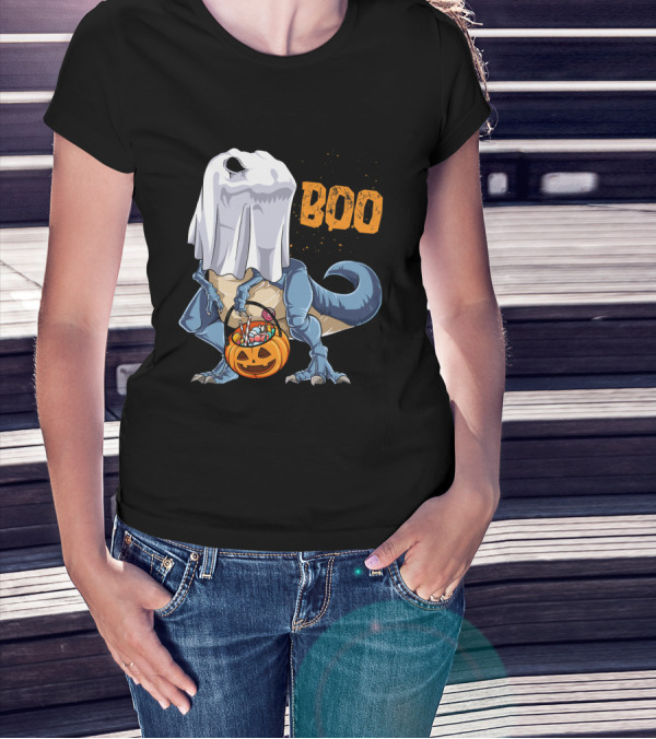Ghost Dinosaur Rex Boo Halloween Candy Pumpkin T-Shirt