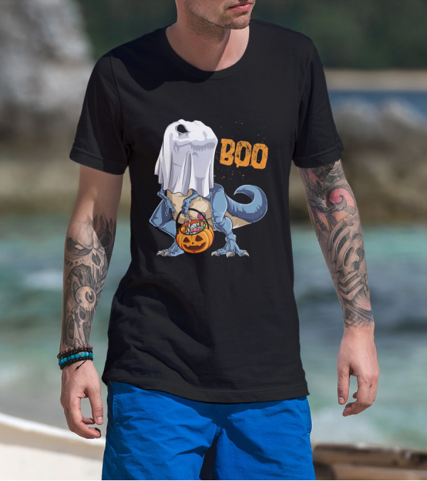 Ghost Dinosaur Rex Boo Halloween Candy Pumpkin T-Shirt