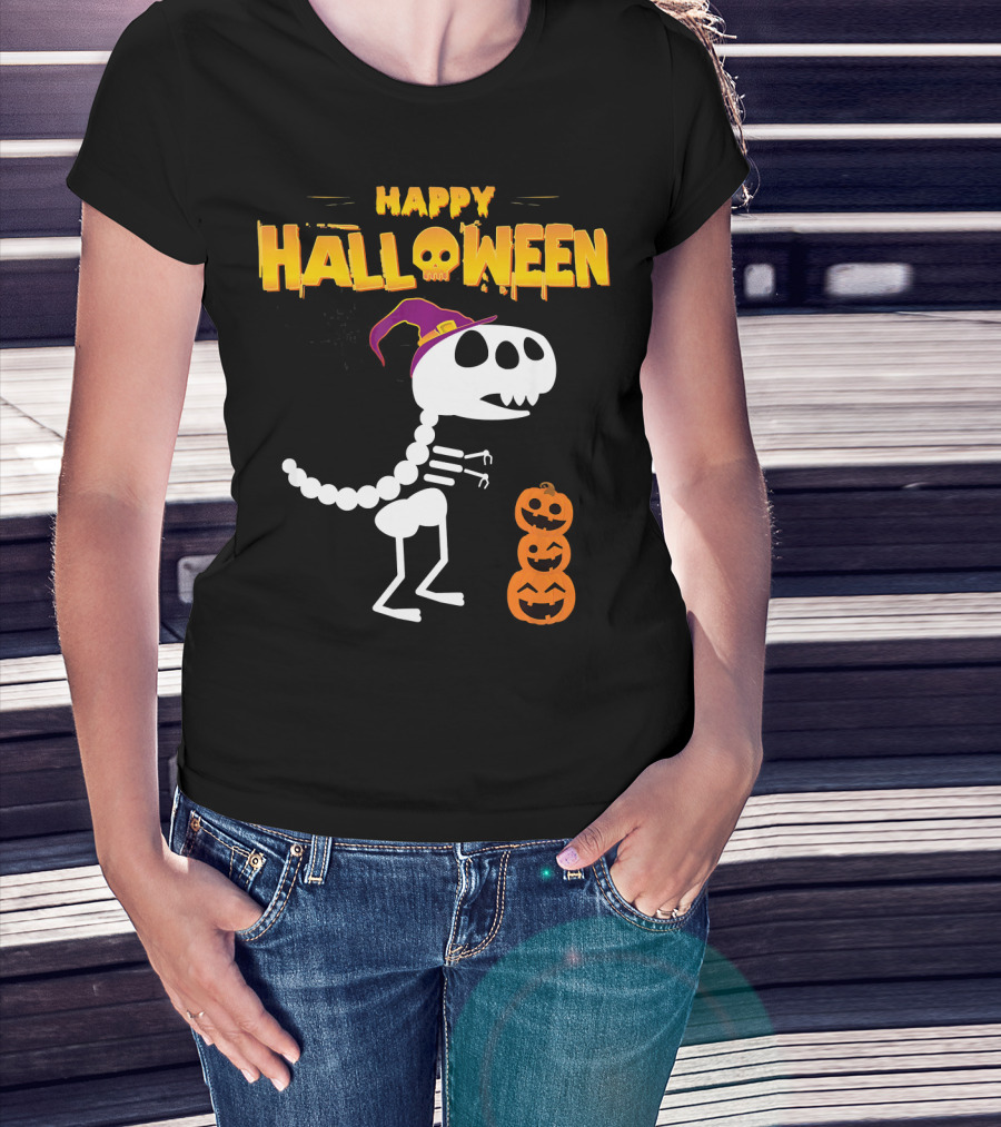 Happy Halloween Funny Rex Skeleton With Witch Hat And Pumpkins T-Shirt