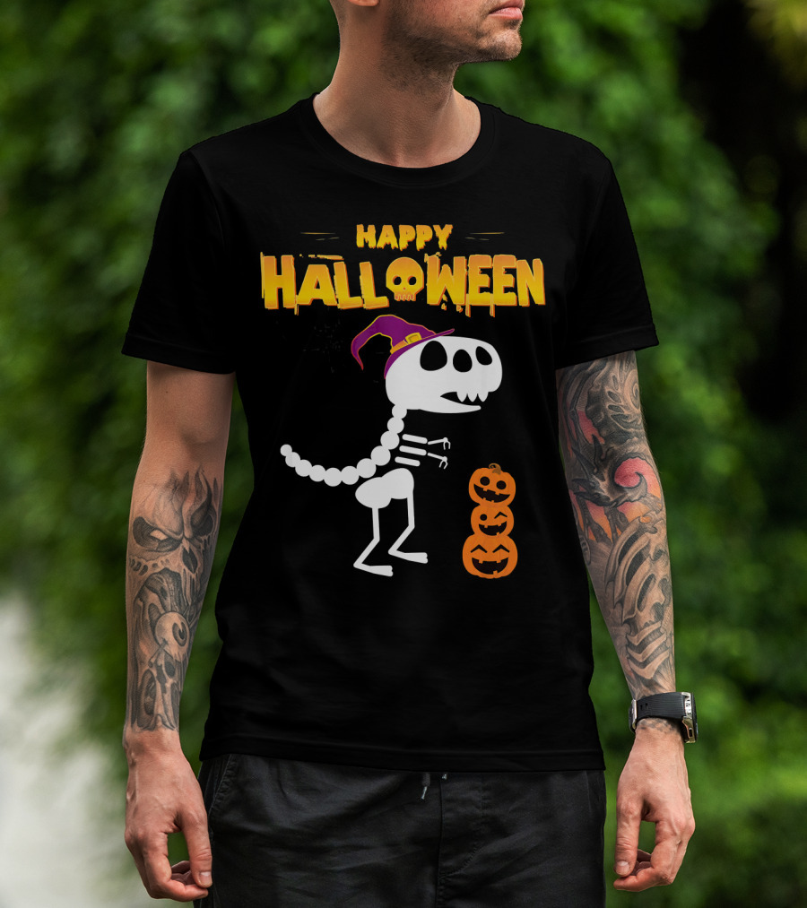 Happy Halloween Funny Rex Skeleton With Witch Hat And Pumpkins T-Shirt