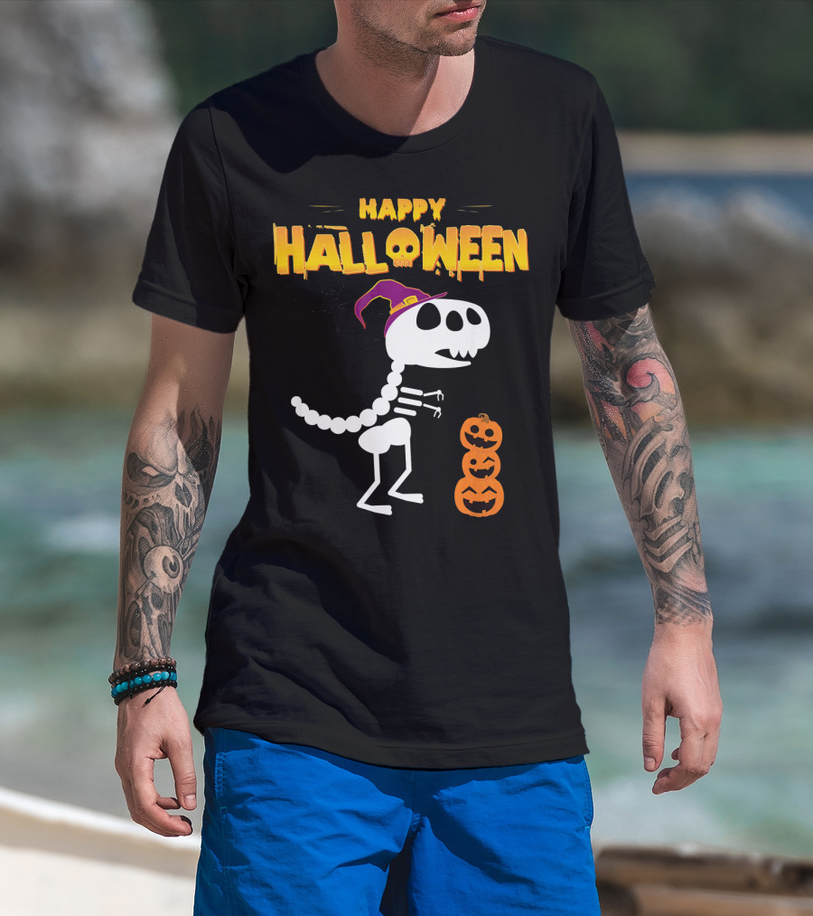 Happy Halloween Funny Rex Skeleton With Witch Hat And Pumpkins T-Shirt