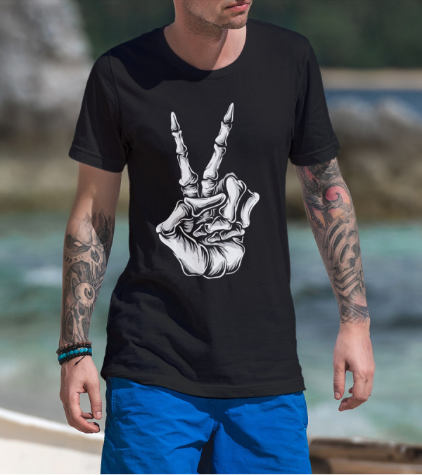 Skeleton Hand Peace Sign Halloween Night T-Shirt