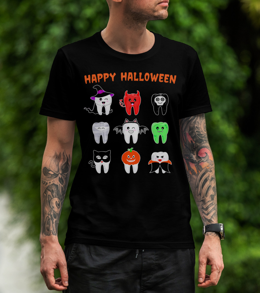 Happy Halloween Cute Tooth Monsters In Costume T-Shirt
