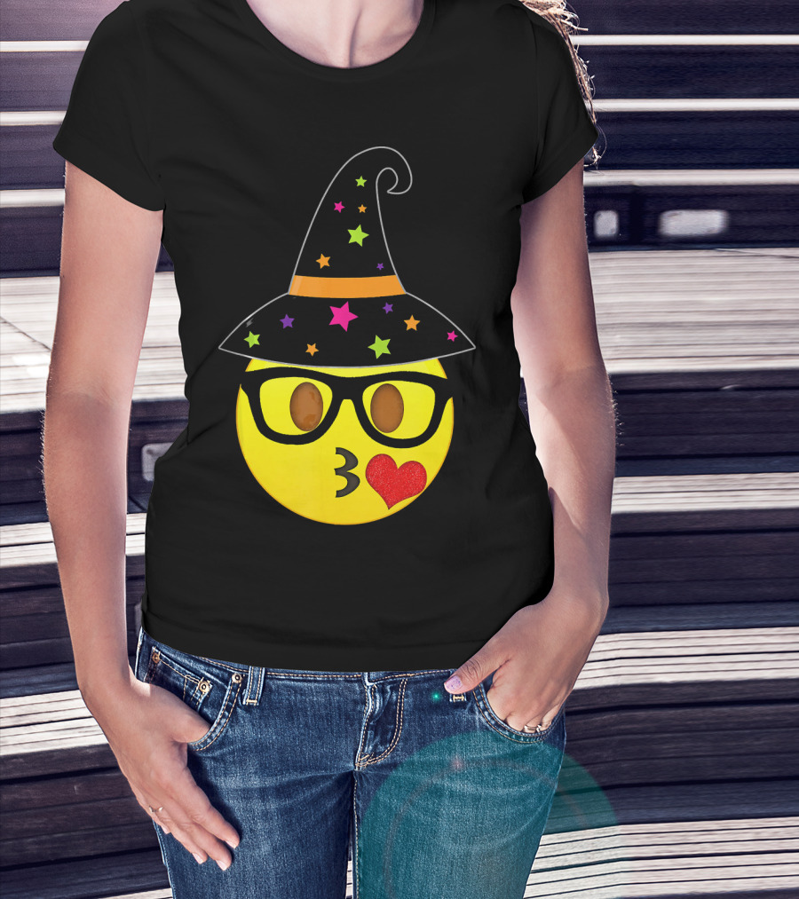 Funny Halloween Witch Hat Emoji Nerd Glasses Kissy Face T-Shirt