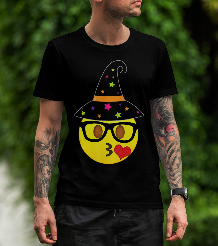 Funny Halloween Witch Hat Emoji Nerd Glasses Kissy Face T-Shirt