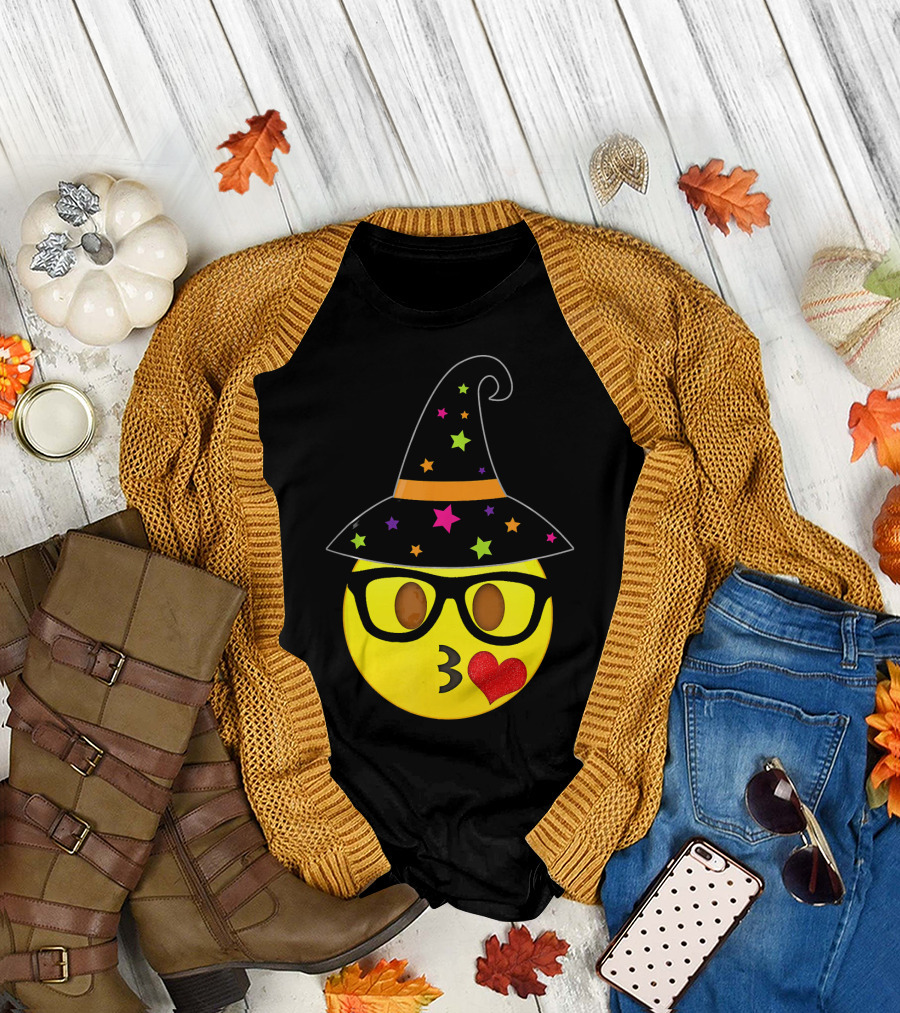 Funny Halloween Witch Hat Emoji Nerd Glasses Kissy Face T-Shirt
