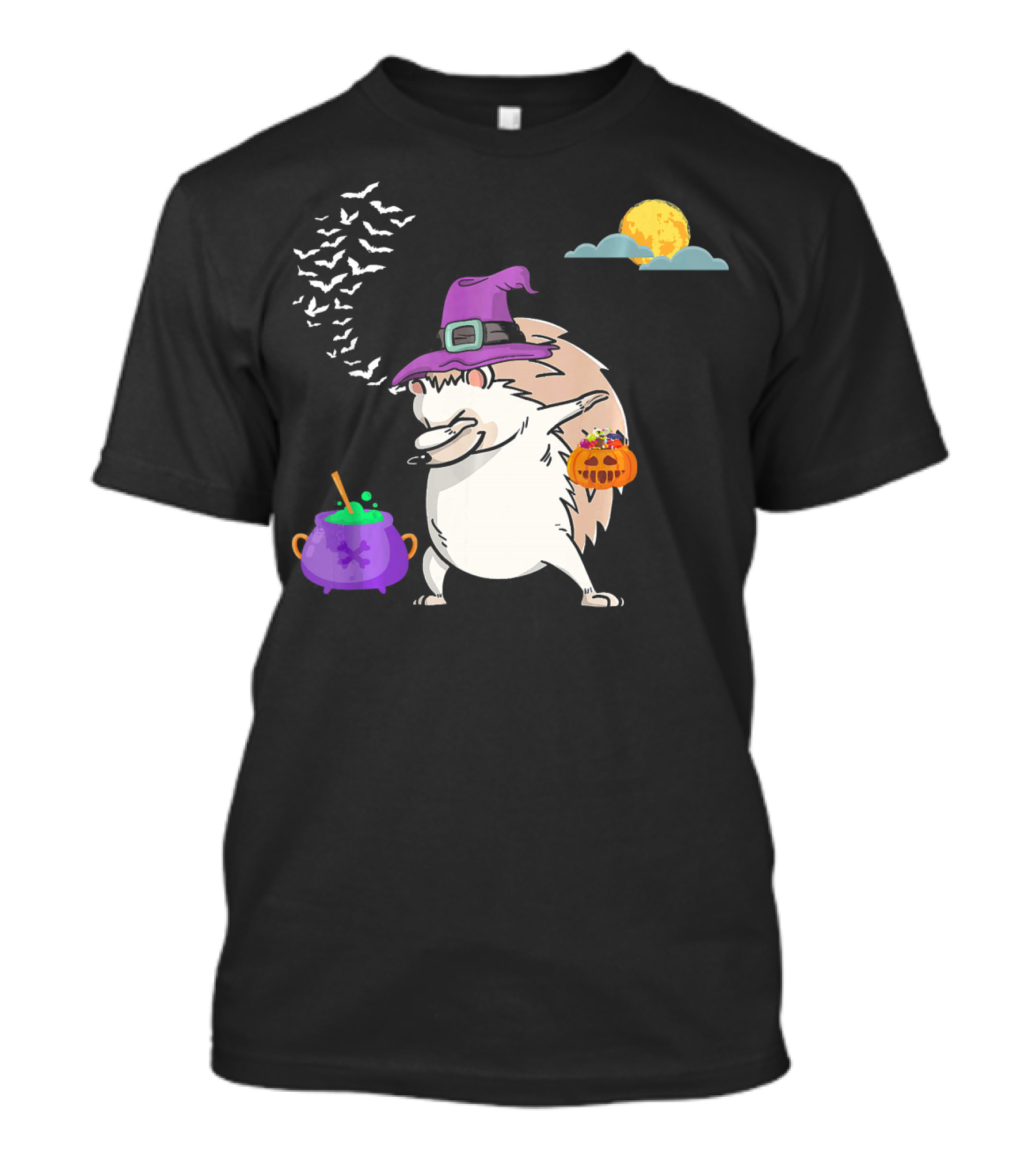 Dabbing Hedgehog Witch Halloween Costume With Cauldron Moon And Pumpkin Candy Bucket T-Shirt