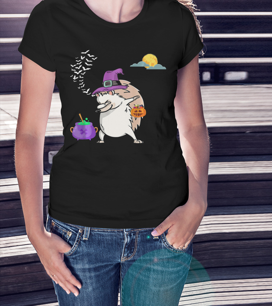 Dabbing Hedgehog Witch Halloween Costume With Cauldron Moon And Pumpkin Candy Bucket T-Shirt