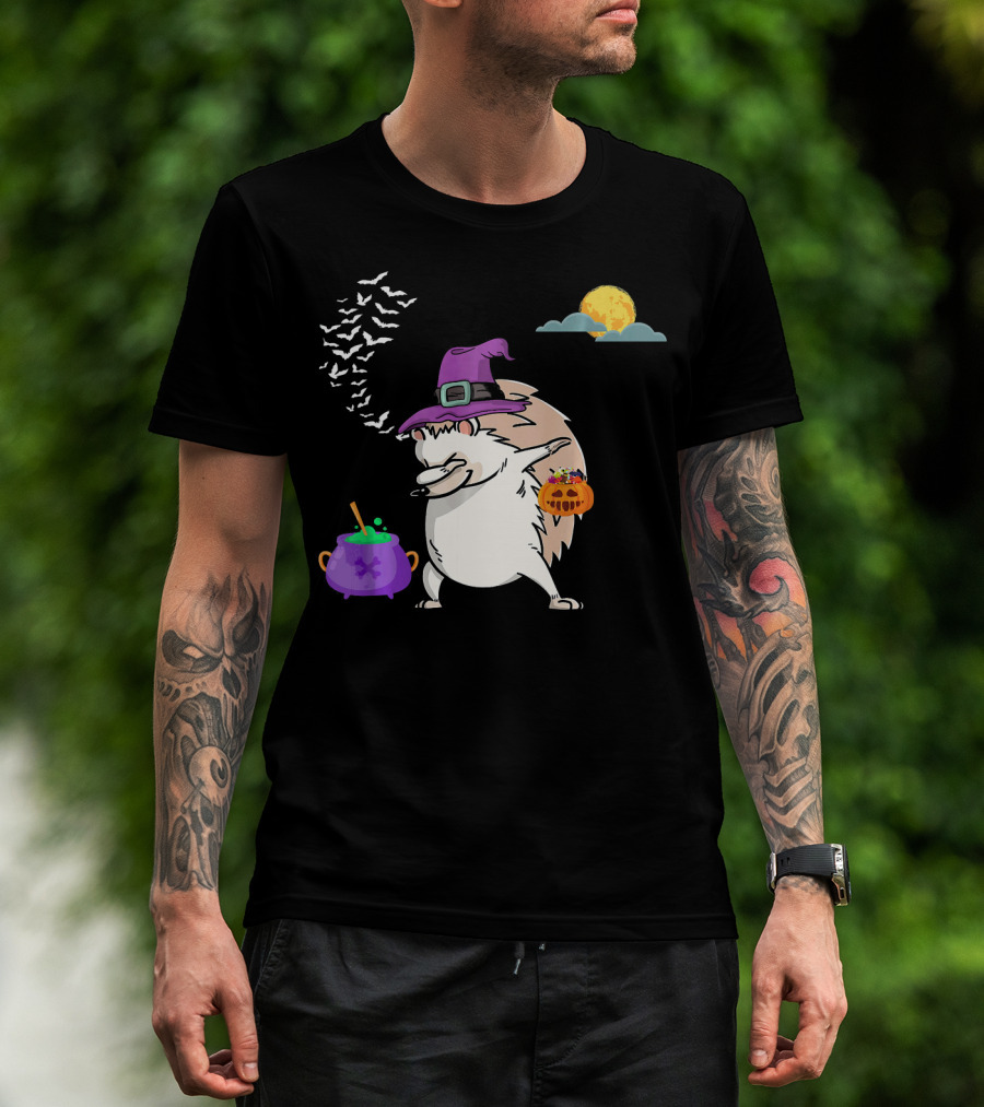 Dabbing Hedgehog Witch Halloween Costume With Cauldron Moon And Pumpkin Candy Bucket T-Shirt