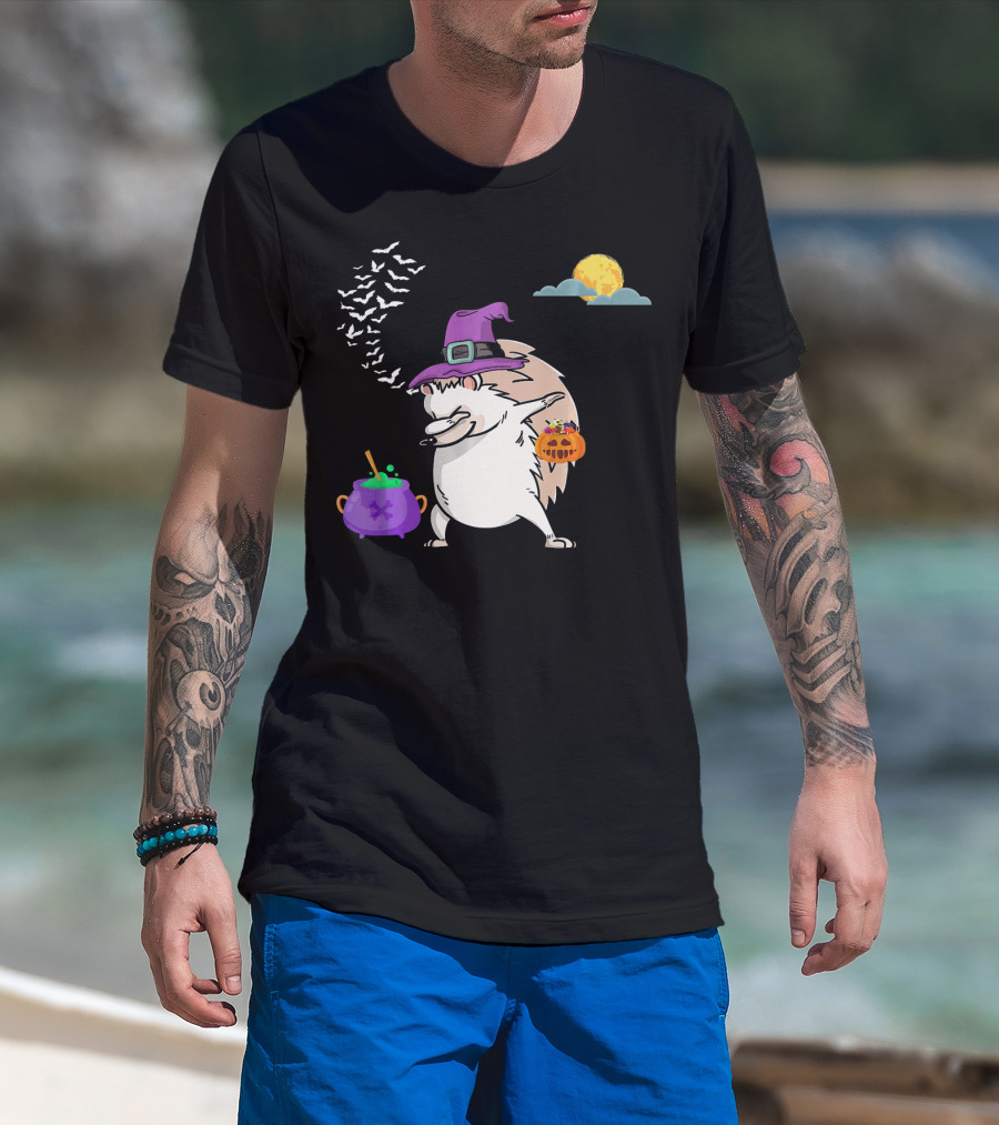 Dabbing Hedgehog Witch Halloween Costume With Cauldron Moon And Pumpkin Candy Bucket T-Shirt