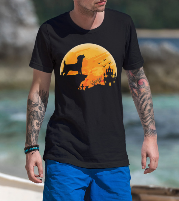 Halloween Costume Jack Russell Terrier Moonlit Haunted Castle Scene T-Shirt