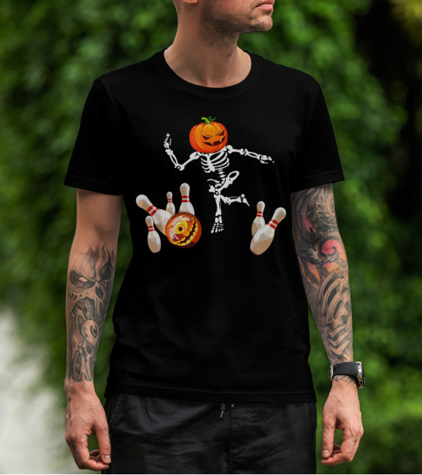 Funny Halloween Pumpkin Head Skeleton Bowling Scene T-Shirt